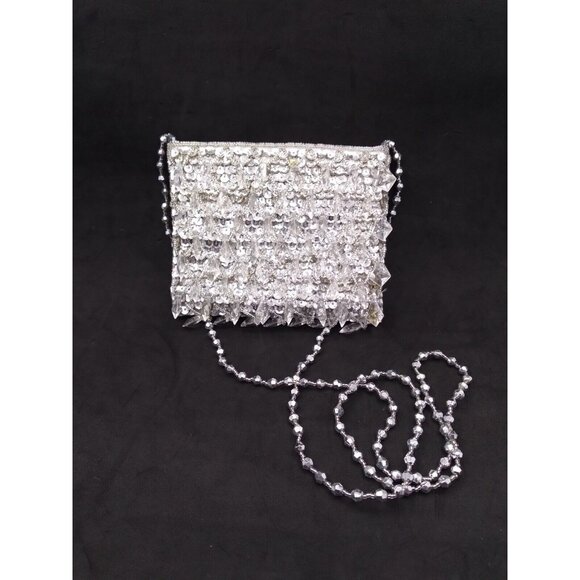 Vtg. La Regale Formal Clear Faux Crystal Bead Silver Gold sequined Hand Bag READ - Picture 1 of 10